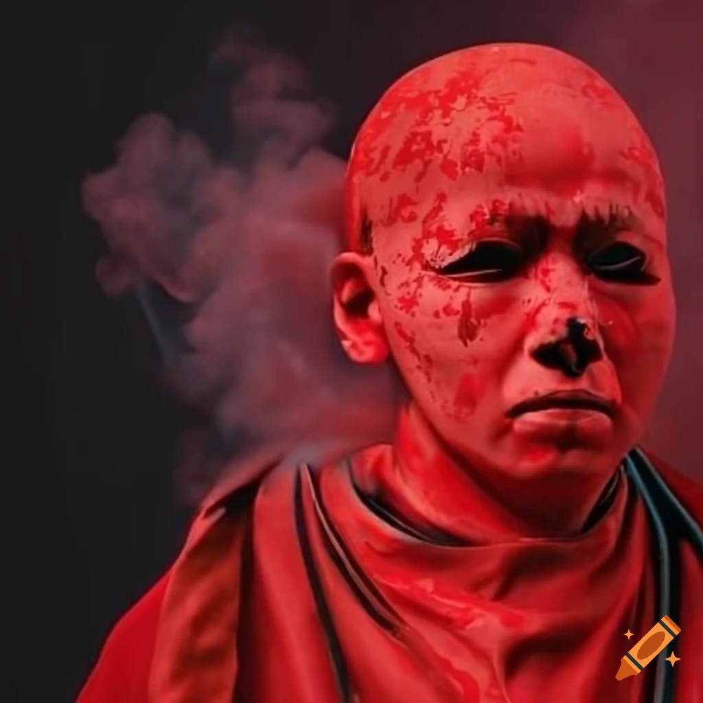 Kabuki camouflage covered in red paint and war smoke