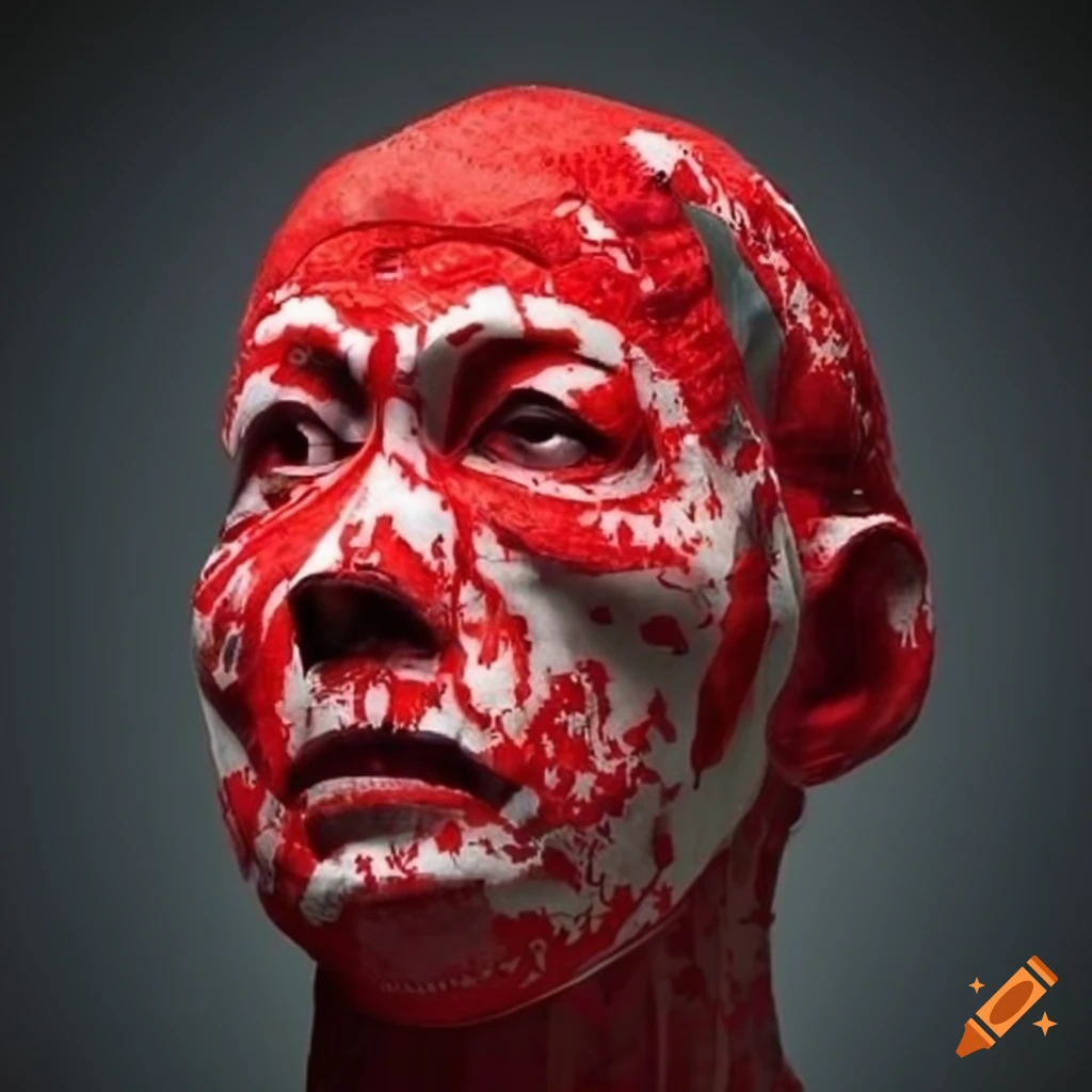 Kabuki camouflage covered in red paint and war smoke
