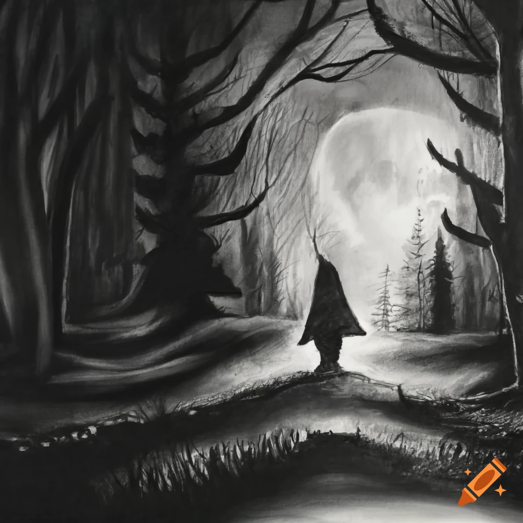 Night forest landscape in charcoal black and white art