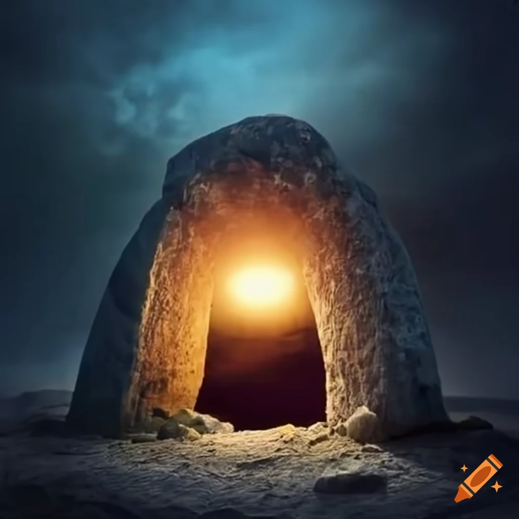 Light shining into a tomb entrance carved in stone on Craiyon