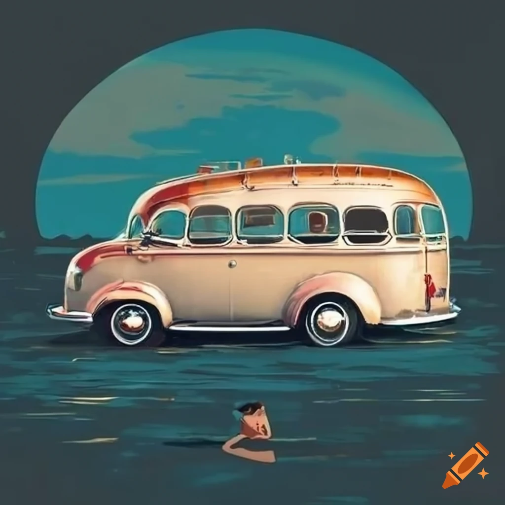 Bauhaus style poster with vintage Volkswagens and airstream trailers by the ocean