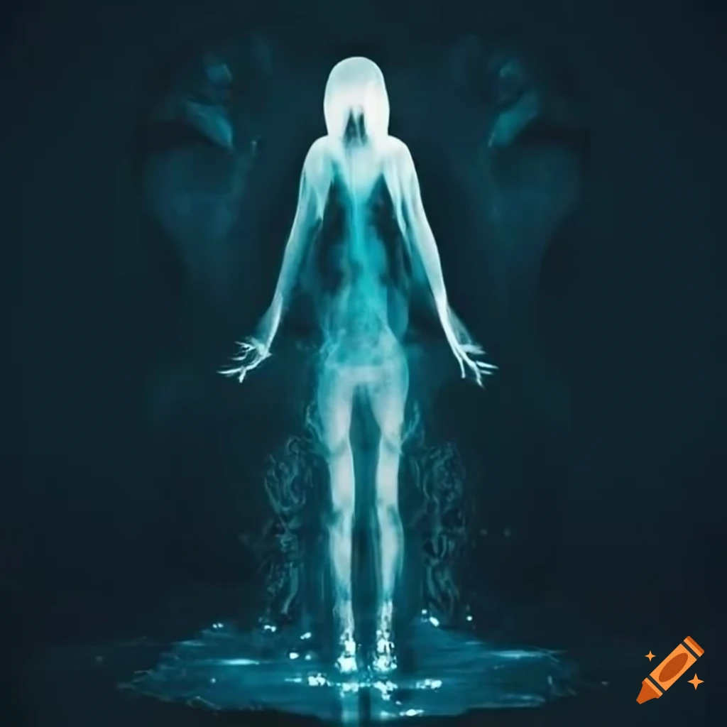 Living ink emerging from a murky puddle forming a woman's shape with glowing white eyes