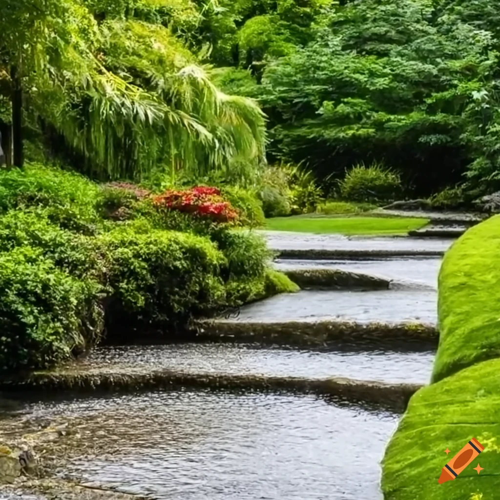 Entrance to a peaceful Zen garden with a river and water puddles