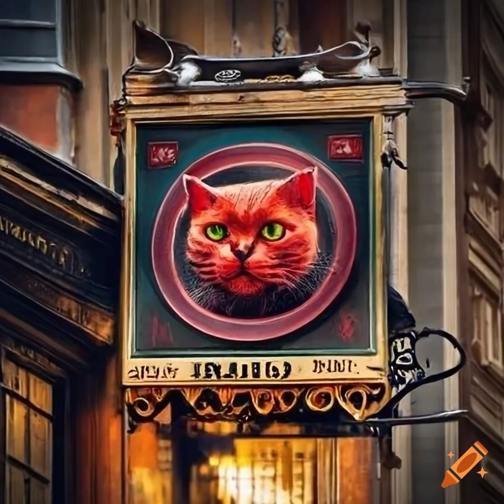 Old fashioned London pub sign with a black cat and red head
