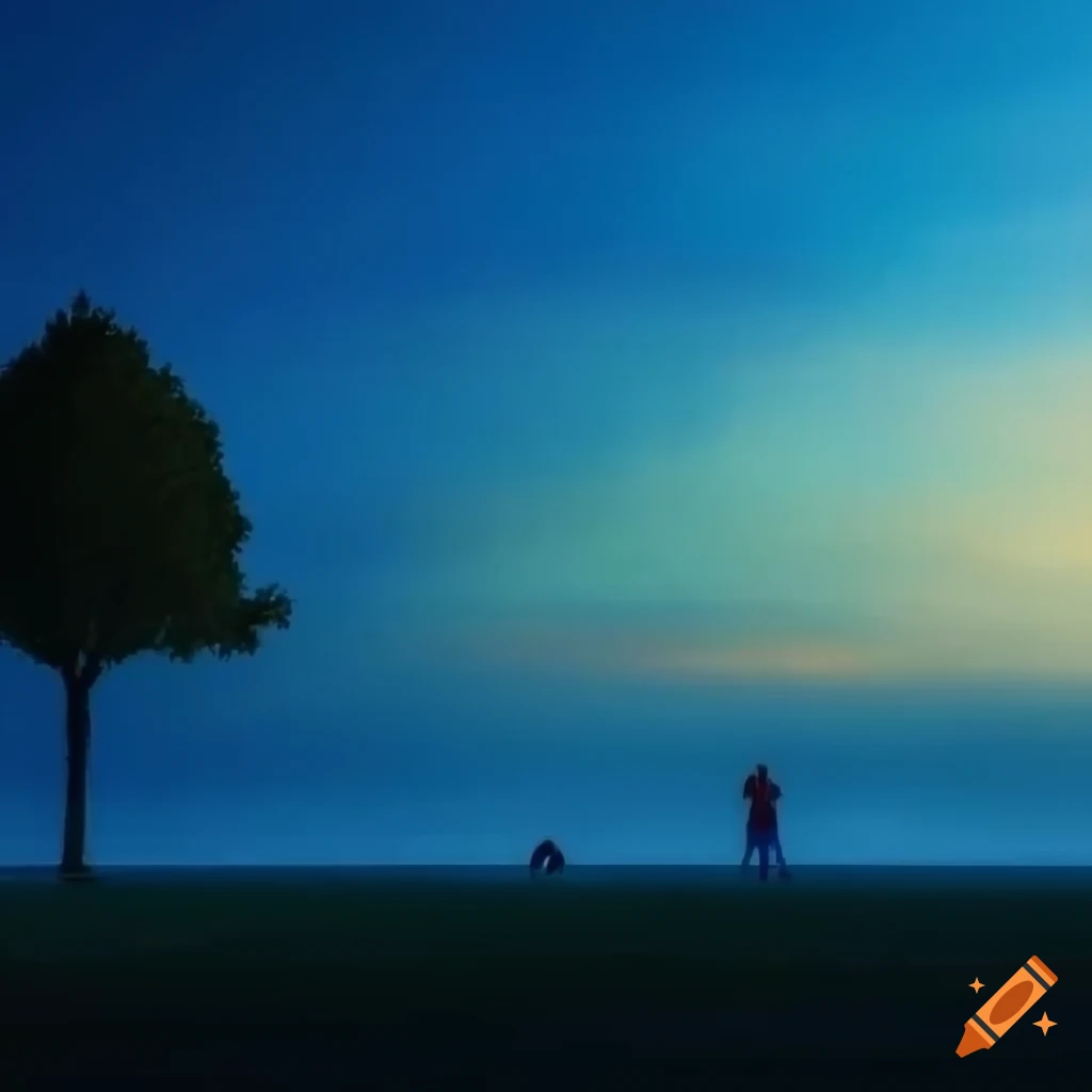Two people standing in a meadow with a green tree and bonfire flame