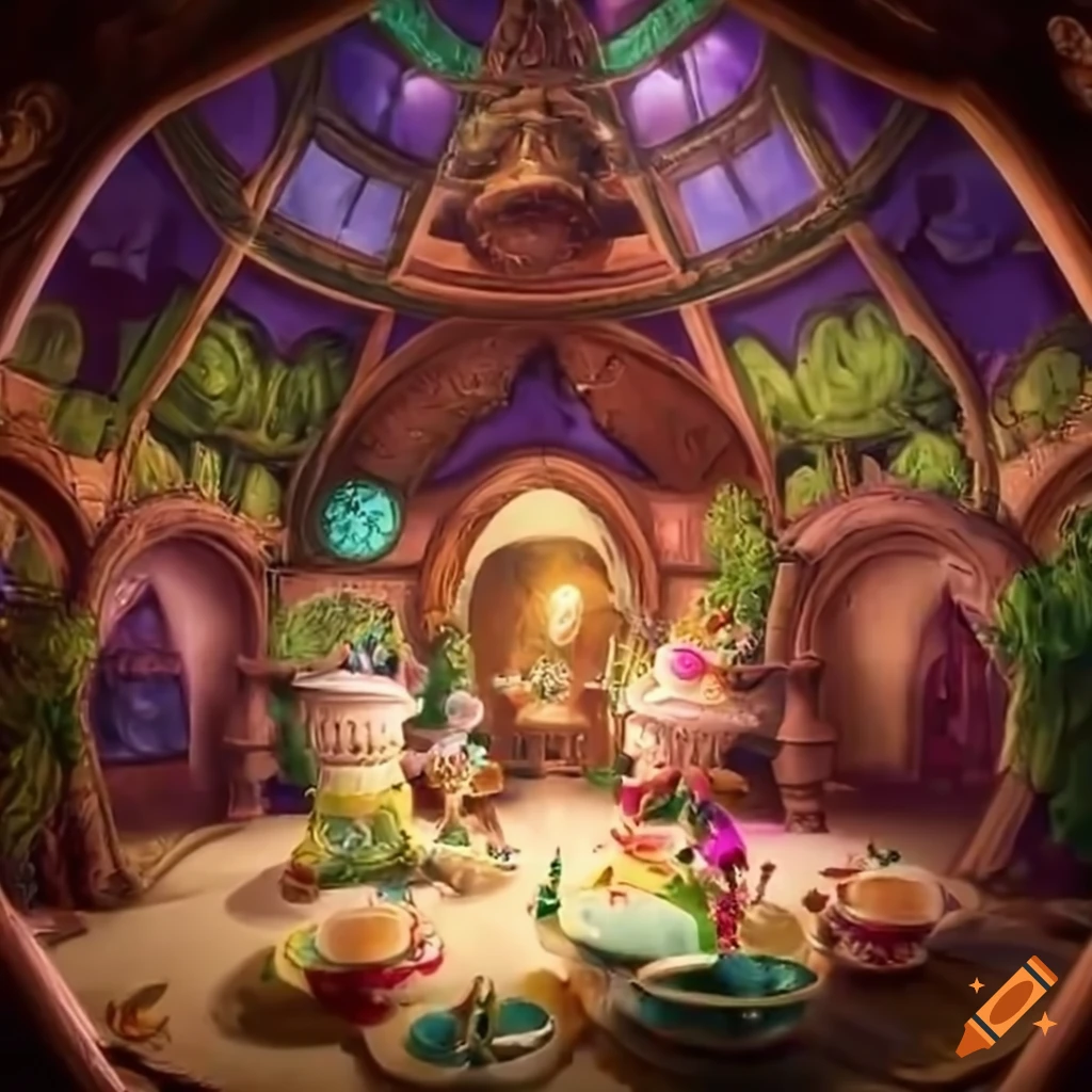 Fantasy fairytale tea party with magical creatures in HD wide-angle shot