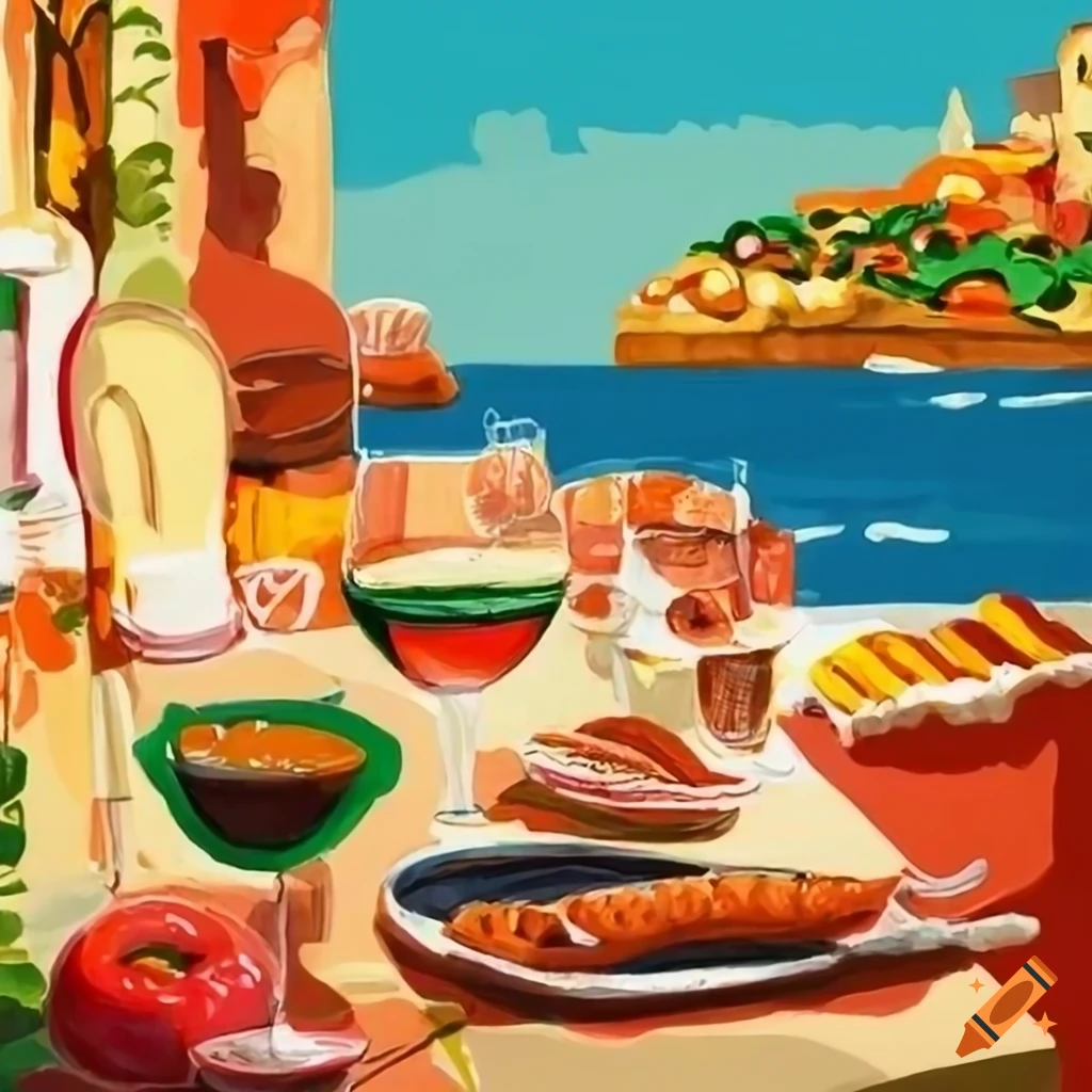 Italian coast table food illustration painting
