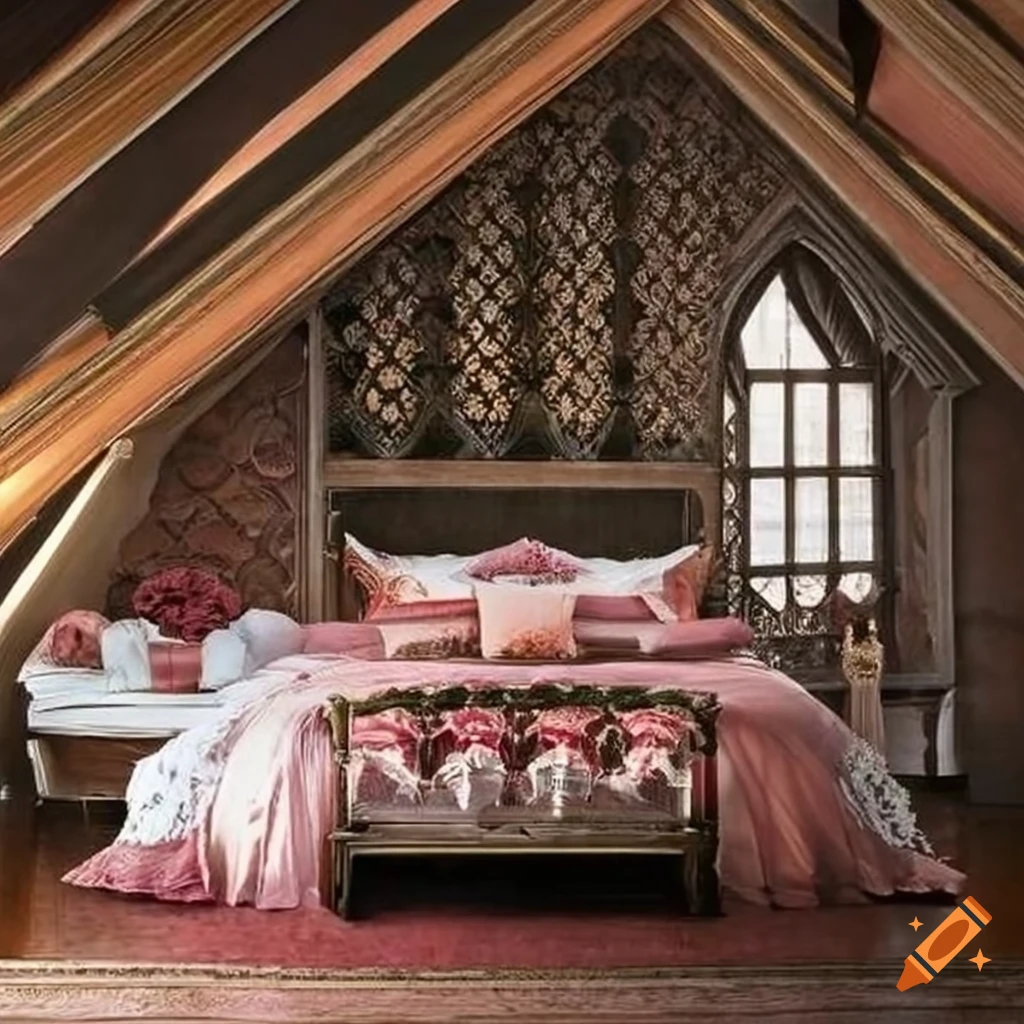 Carpenter gothic cottage attic bedroom with elegant decorations and ...