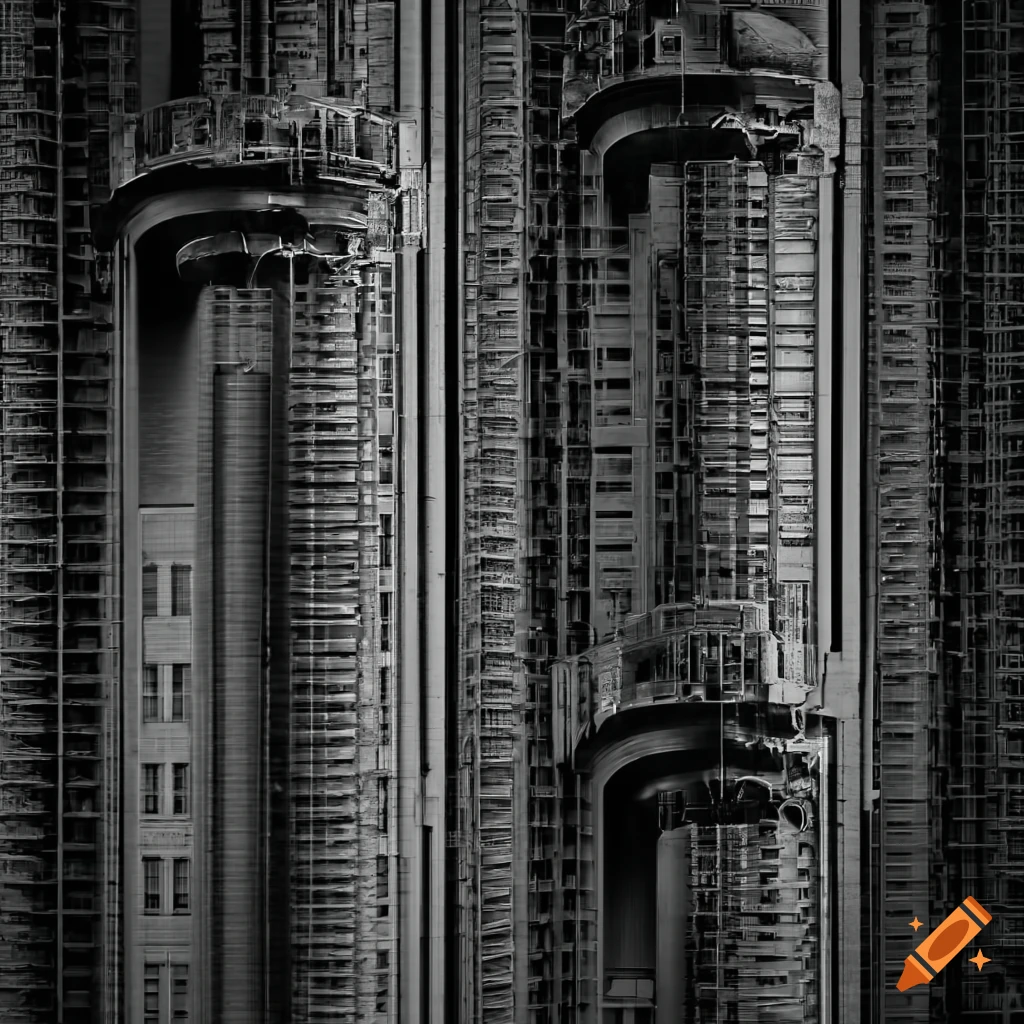 Monochromatic chiaroscuro with dark geometric patterns resembling a cityscape