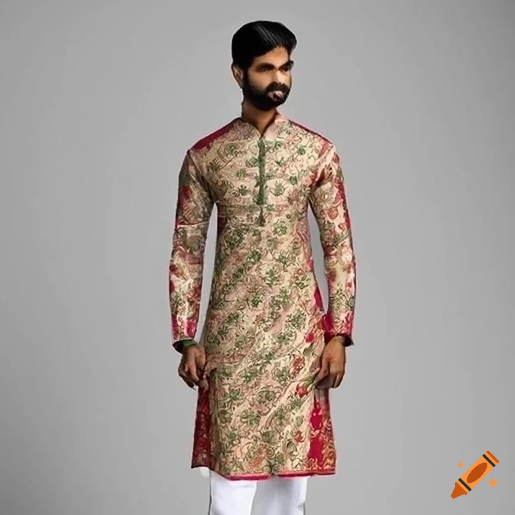 Men's kurta with red roses and green leaves design starting from left