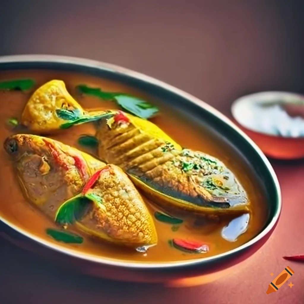Close-up of rich fish curry with colorful spices