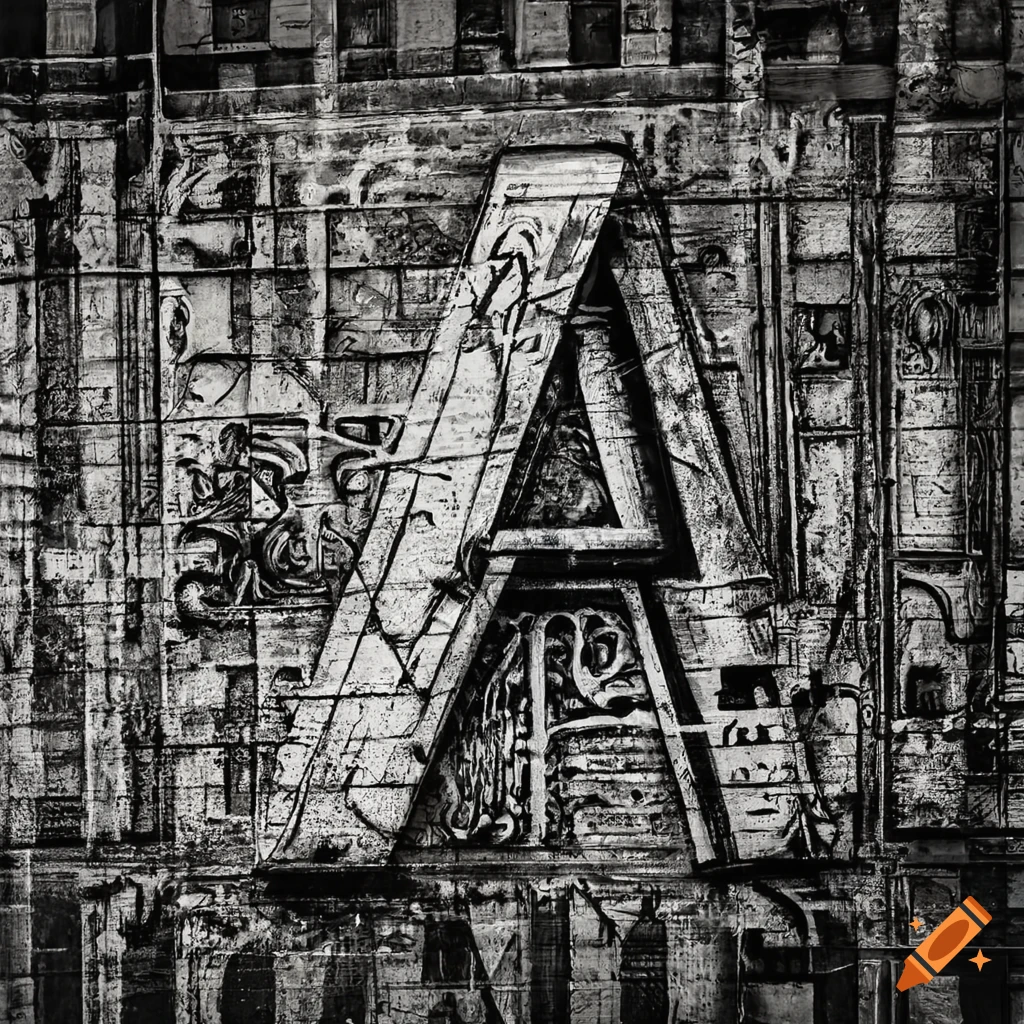Detailed black and white graffiti art of a vintage letter W on a subway wall