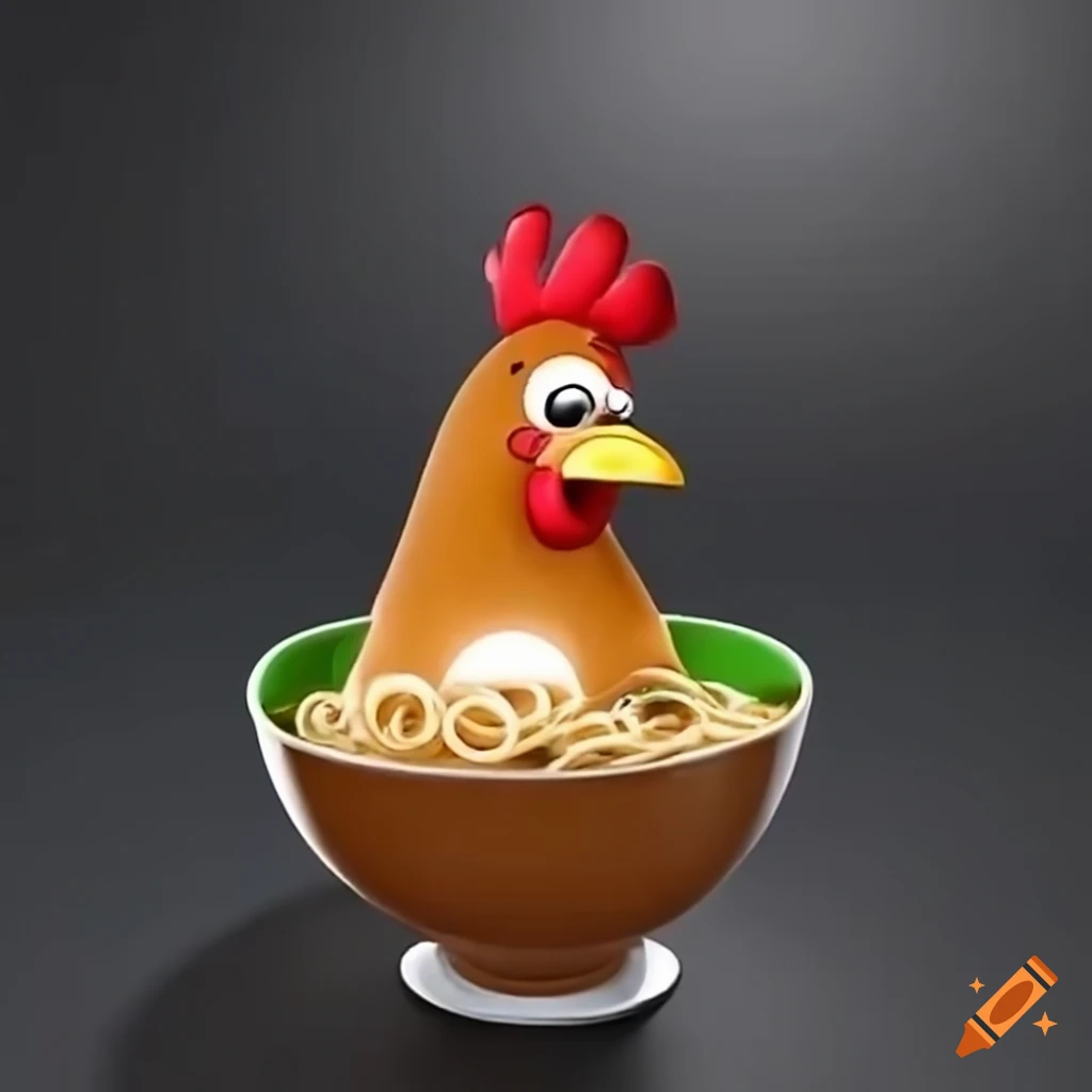 Cartoon chicken eating ramen noodles