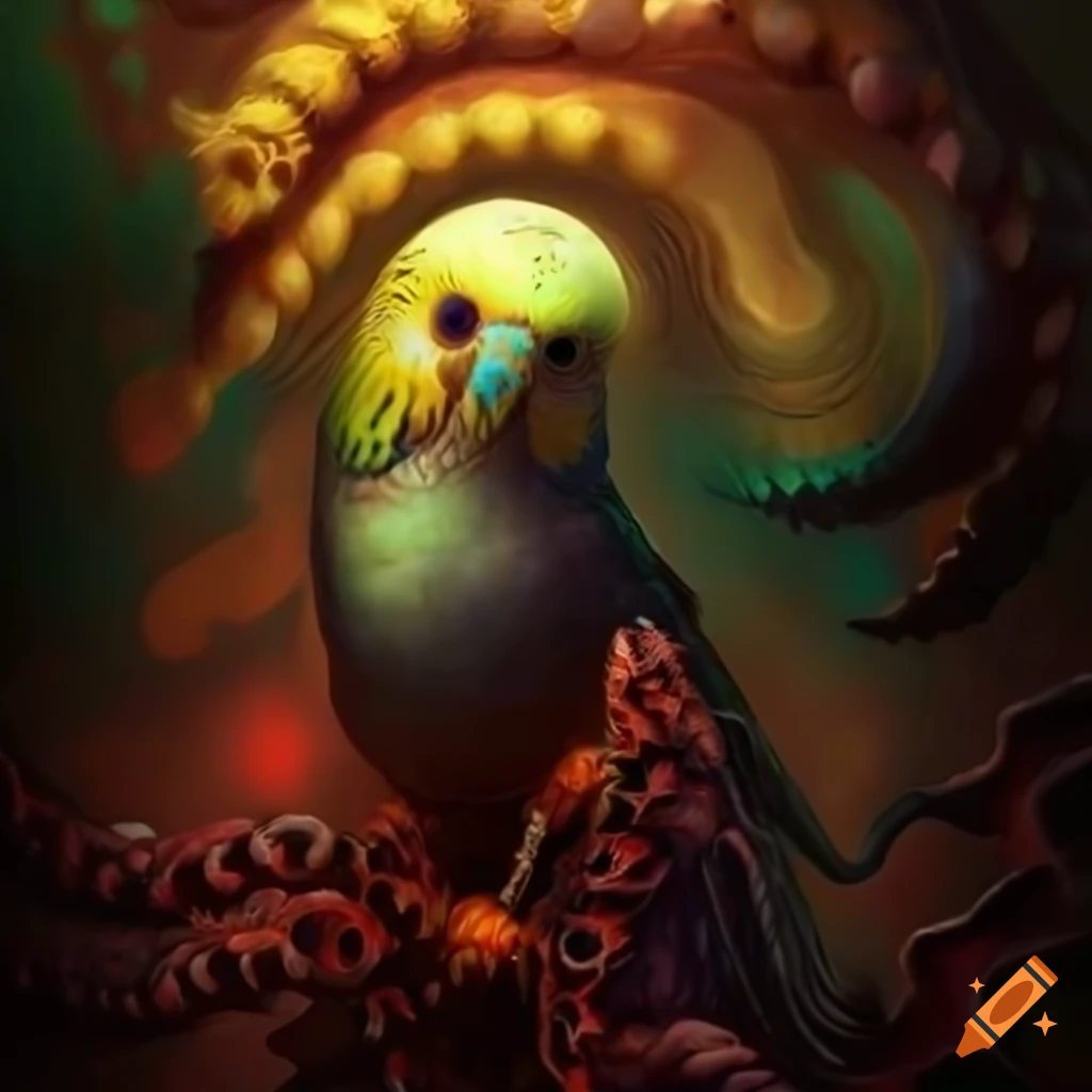 Surreal image of an eldritch budgie with multiple eyes and red tentacles