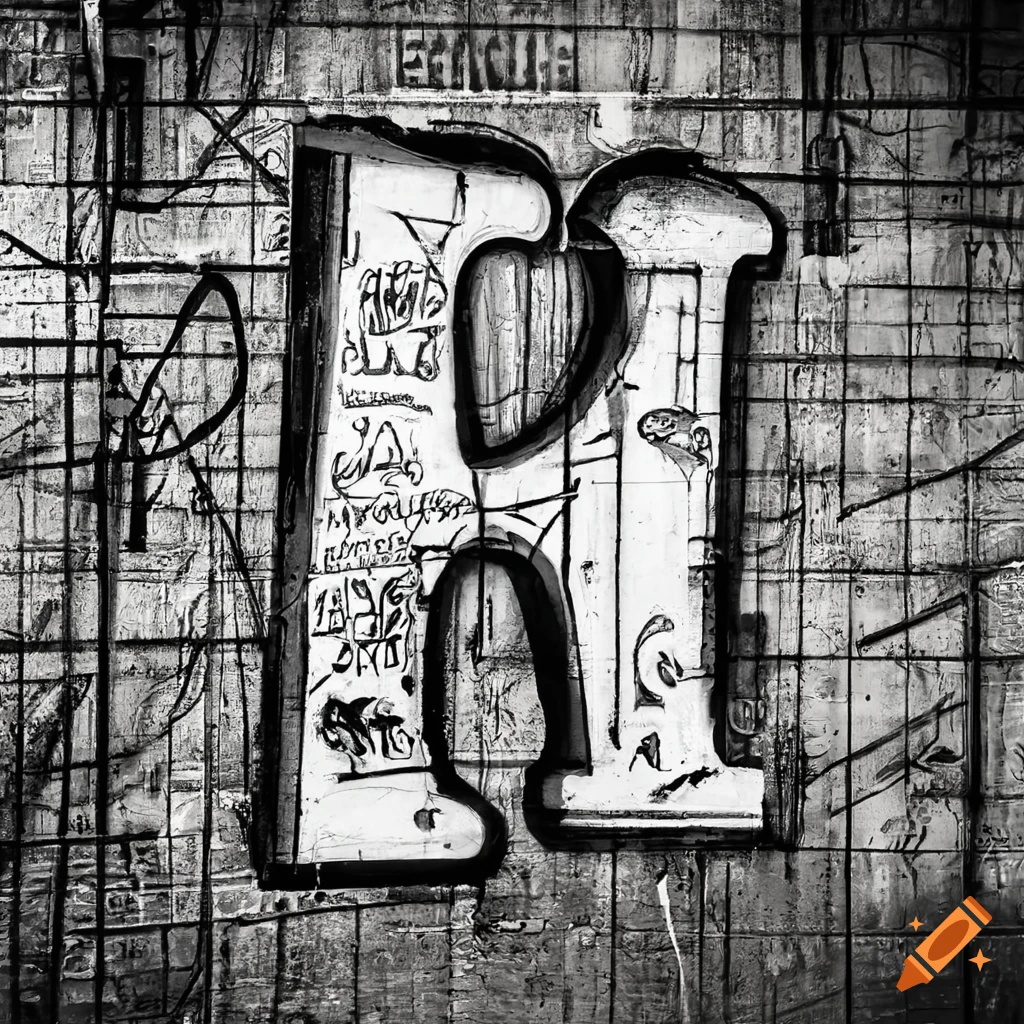Detailed black and white graffiti art of a vintage letter A on a New York City subway wall