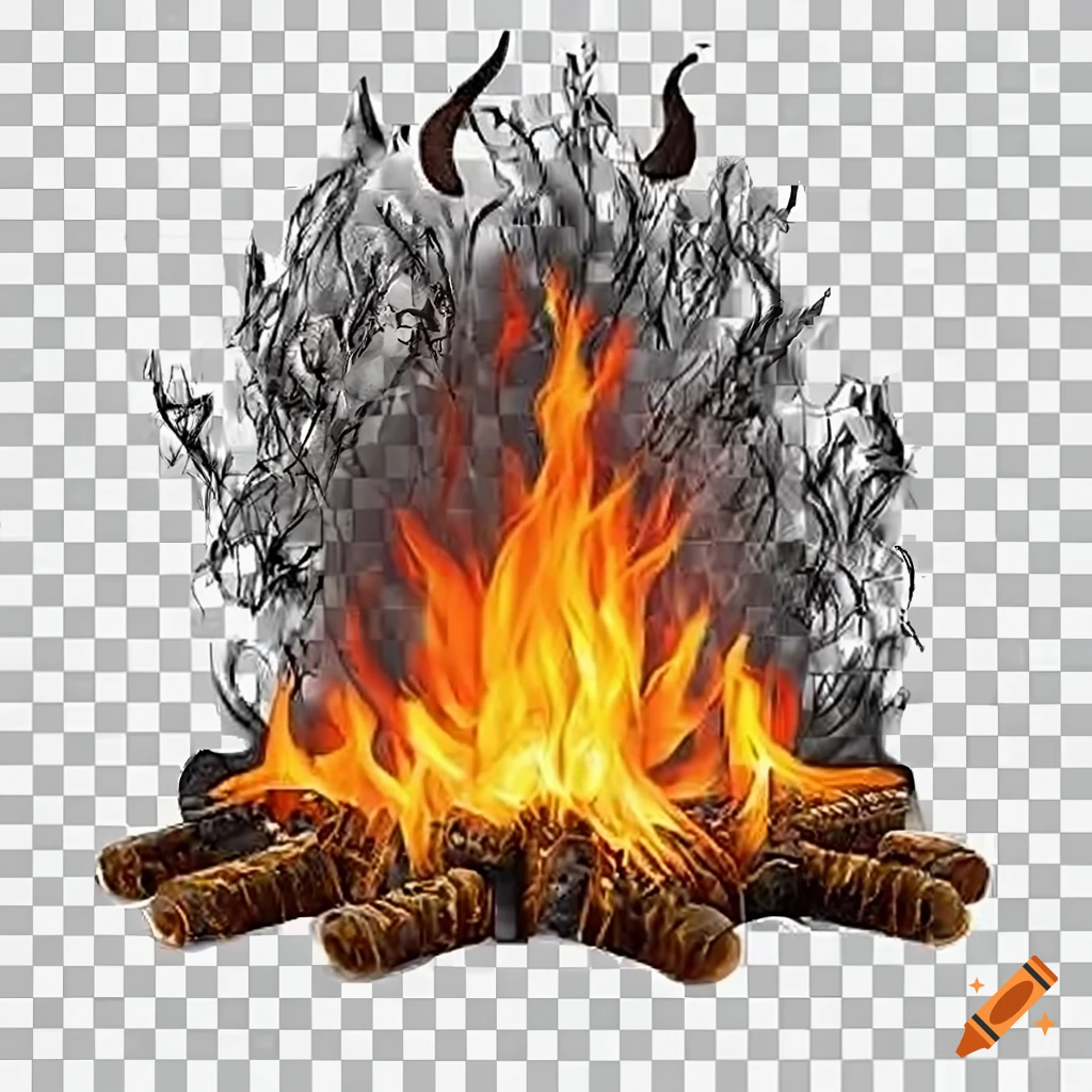 Tall and thin flame of a bonfire on transparent background in HD