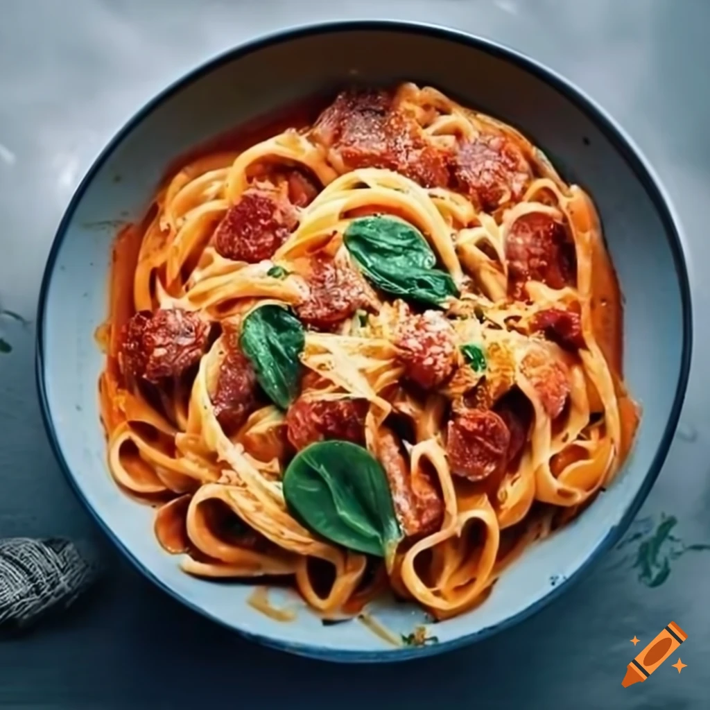 Chorizo creamy tomato pasta with fresh linguine and baby spinach
