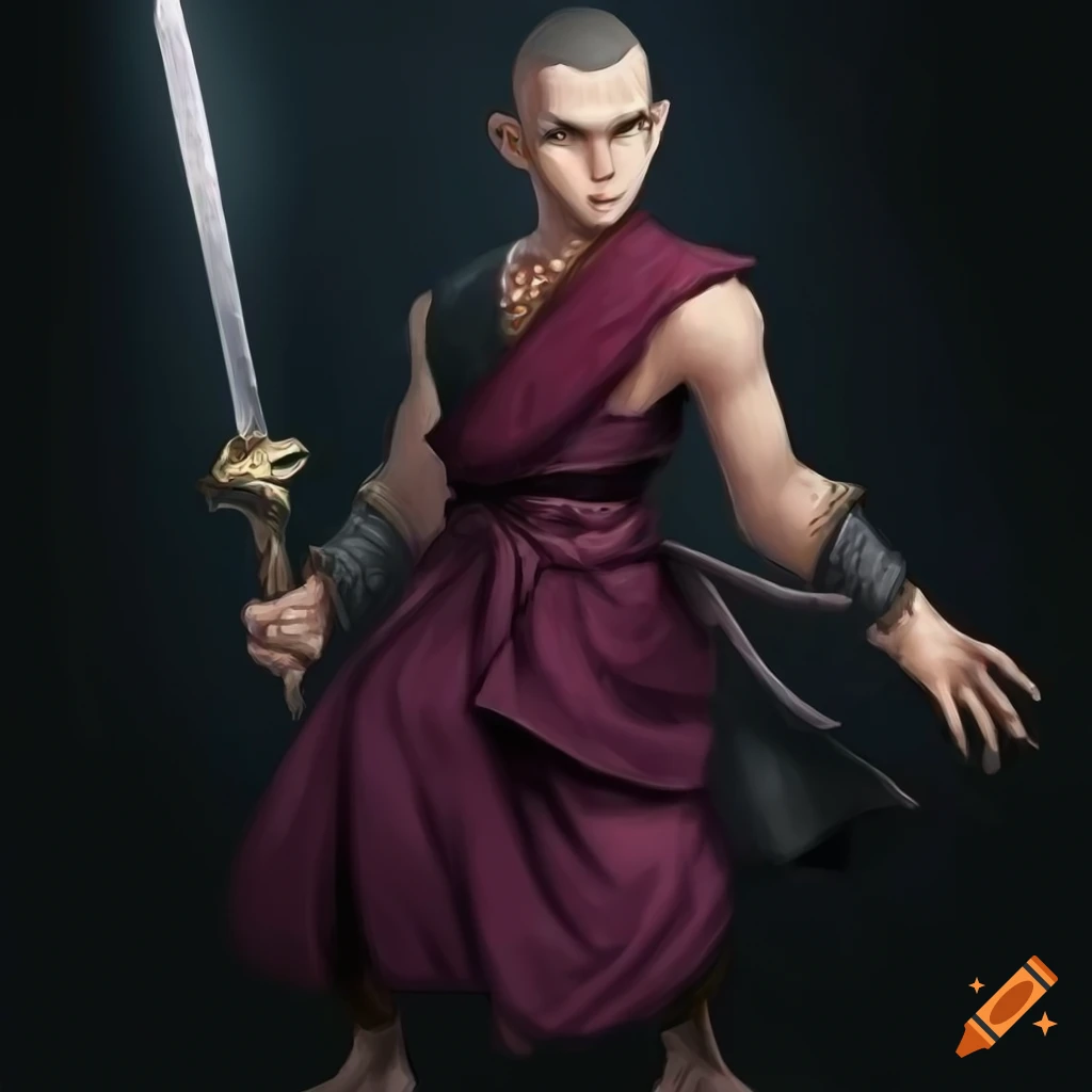 Young fantasy monk with short black hair holding a short sword