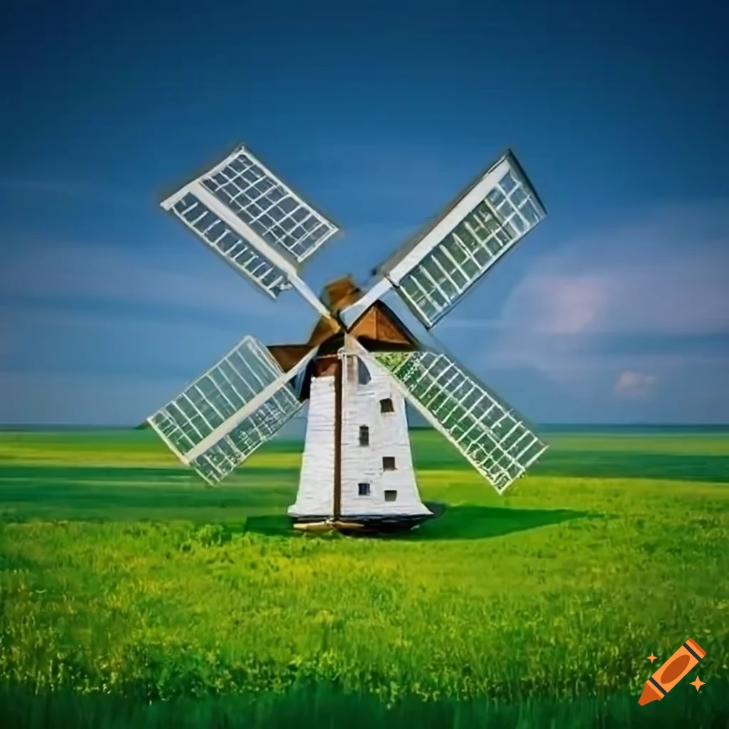 Graceful windmill with 4 wings in a meadow