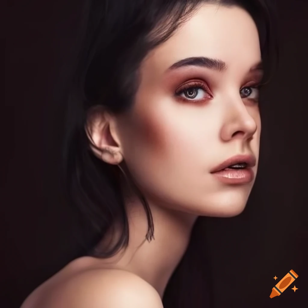 Elegant pose of a stunning young woman with black hair and green eyes ...