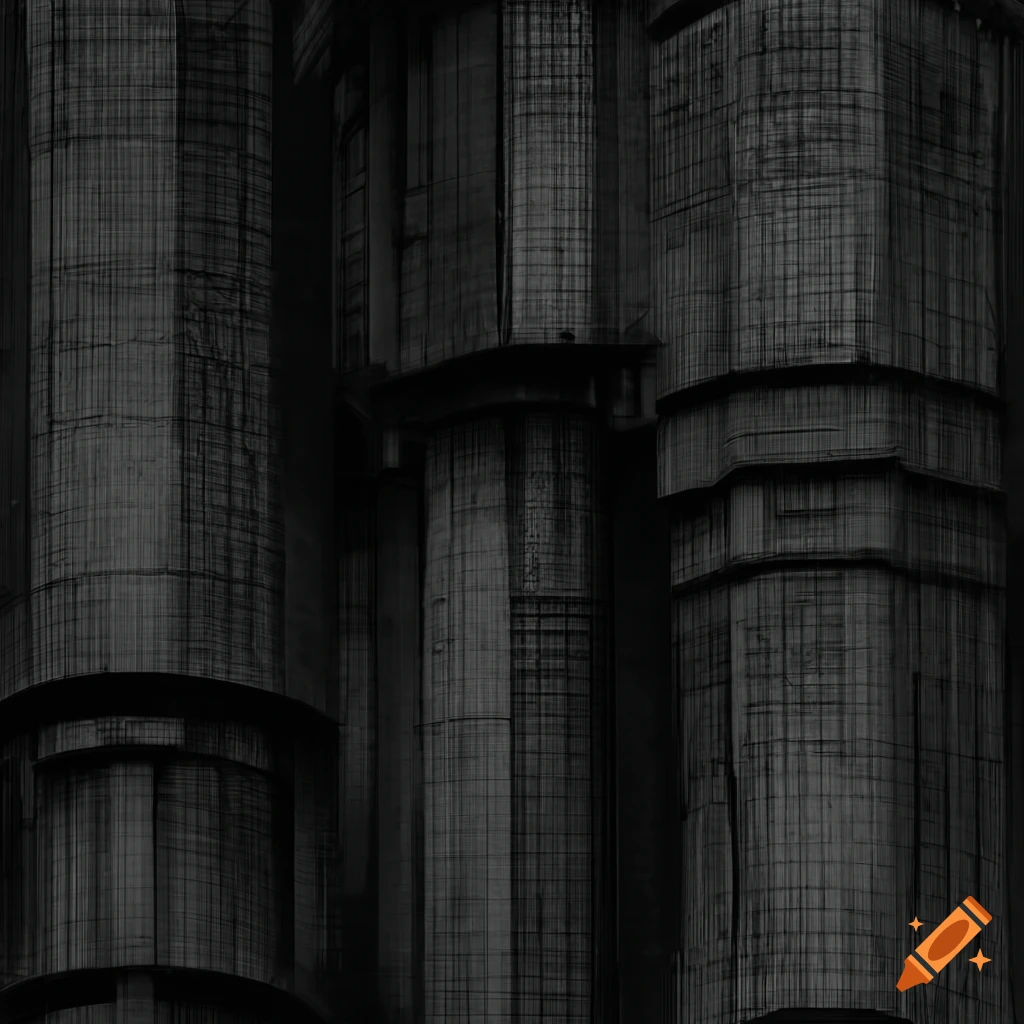 Monochromatic dark geometric patterns resembling an industrial cityscape