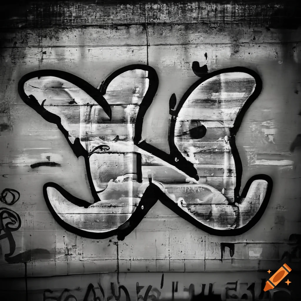 Detailed black and white graffiti art of a vintage letter R on a subway wall in New York City