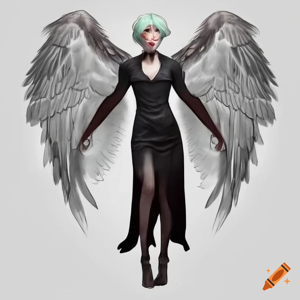 Person with red eyes, short green hair, and black wings with white specks