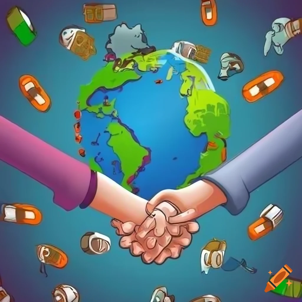 Colorful cartoon of six diverse people holding hands in unity