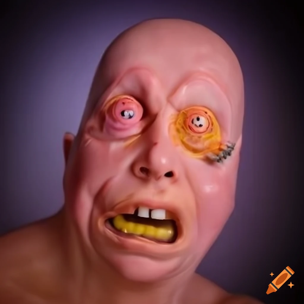 Spongebob character with realistic medical latex skin under bright lights