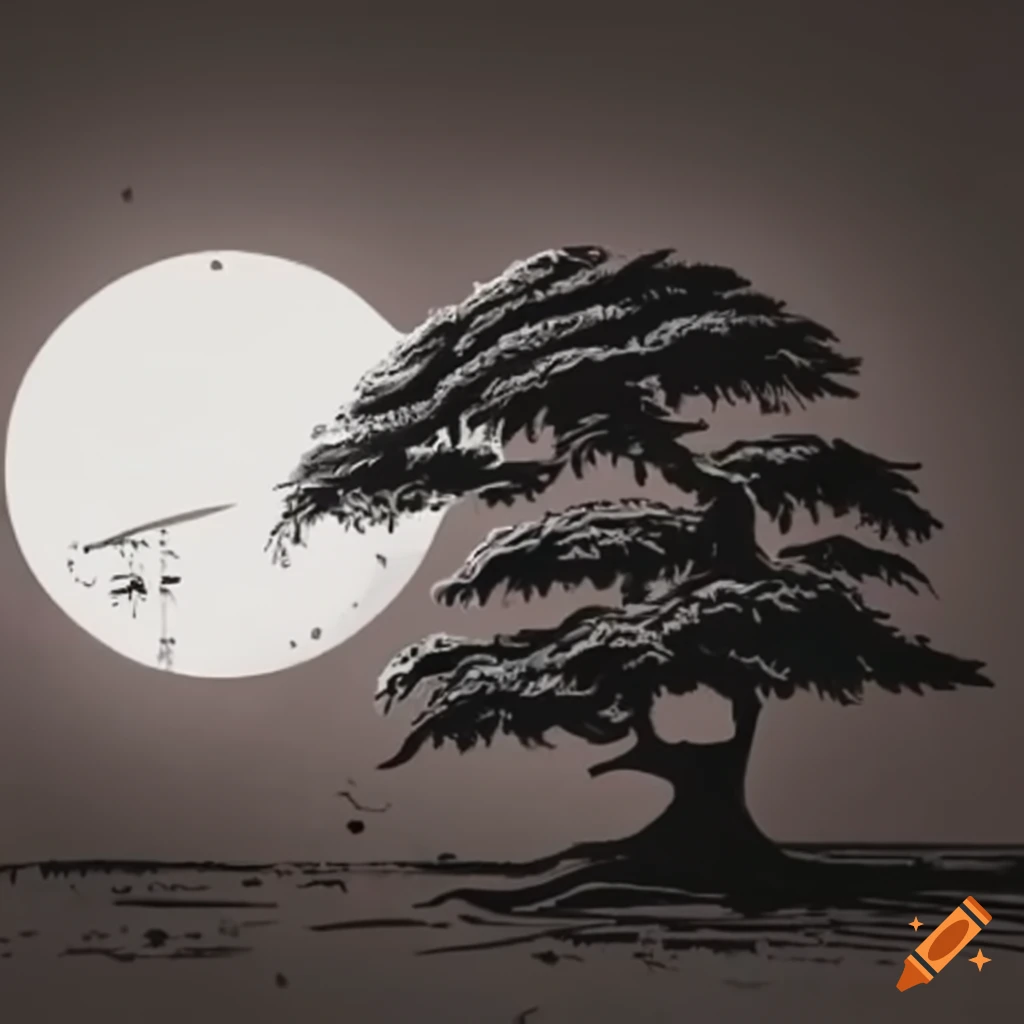 Ancient Japanese-style tree with a red sun