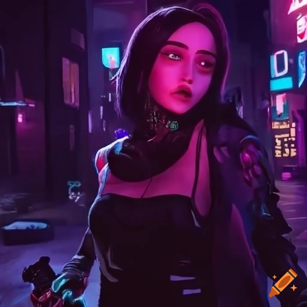 Group of cyberpunk-style people following streamer Sienna Maria in ratpac setting
