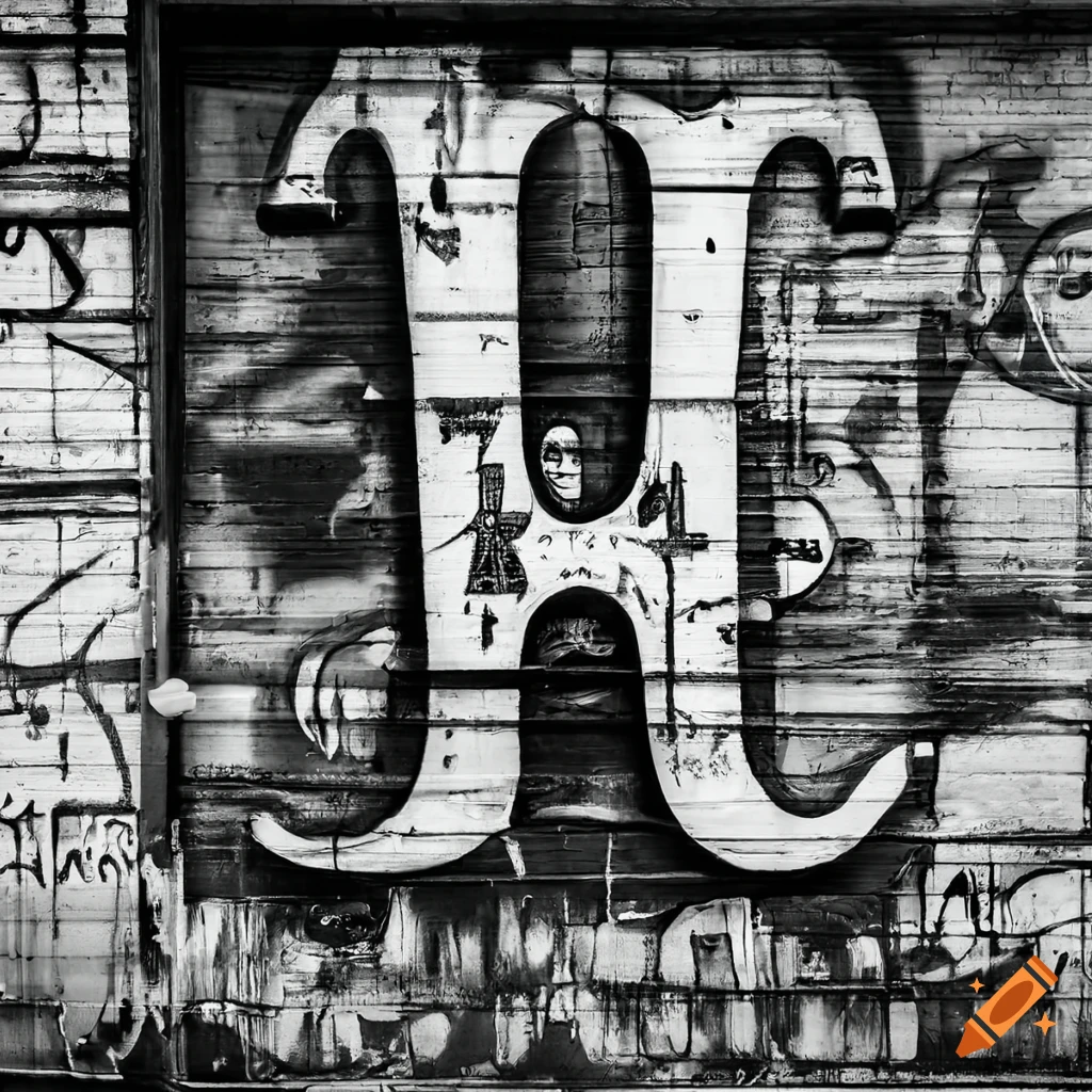 Detailed black and white graffiti art of a vintage letter A on a New York City subway wall
