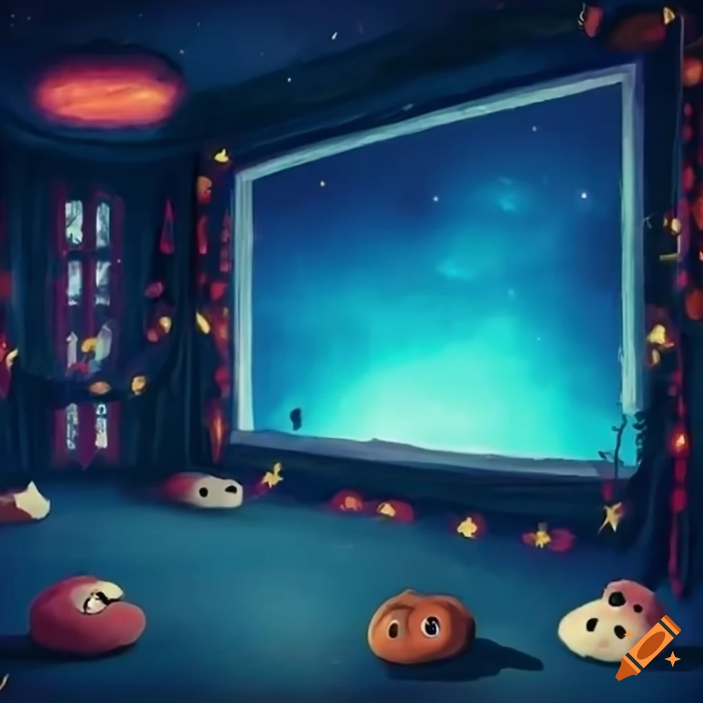 Movie night poster with cozy school room setting and large screen