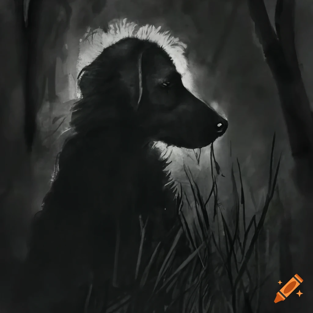 Shadow of a dog curled up in pain in a dark meadow at night