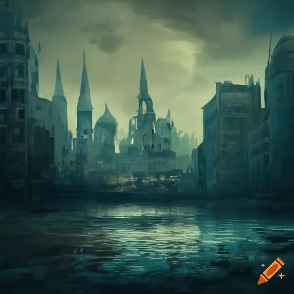 Derelict fantasy city near water
