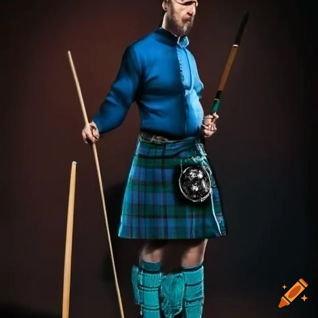 Scottish man in blue kilt playing pool with cue and chalk holder