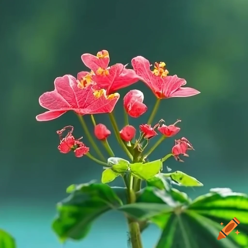Jatropha plant with thick bottle-like stem growing in greenhouse