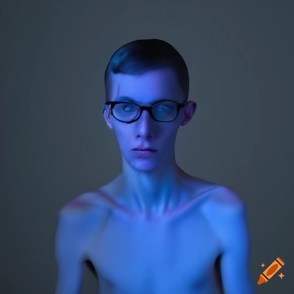 Pale skinny male nerd under bright blue lights