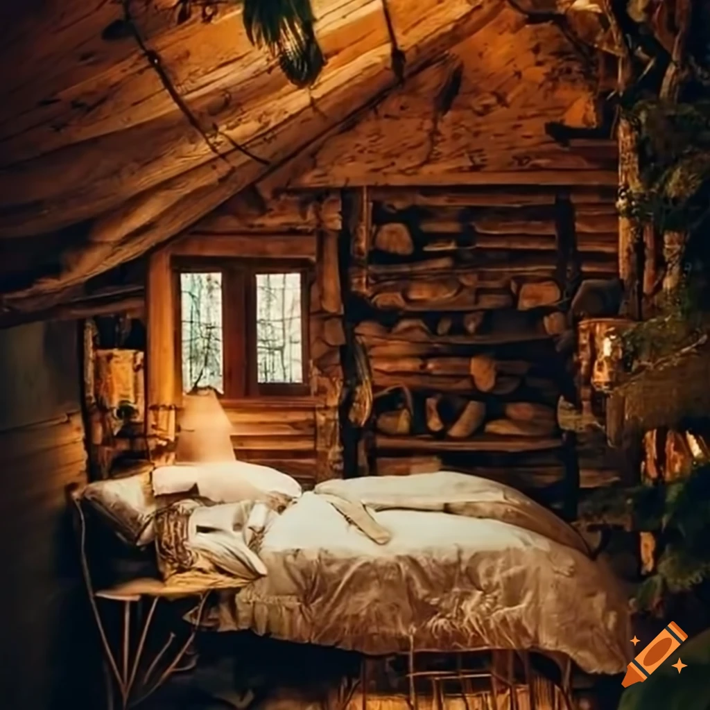 Cozy cabin bedroom surrounded by trees in the rain
