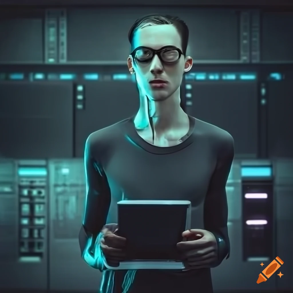 Skinny male with glasses in a futuristic computer terminal on