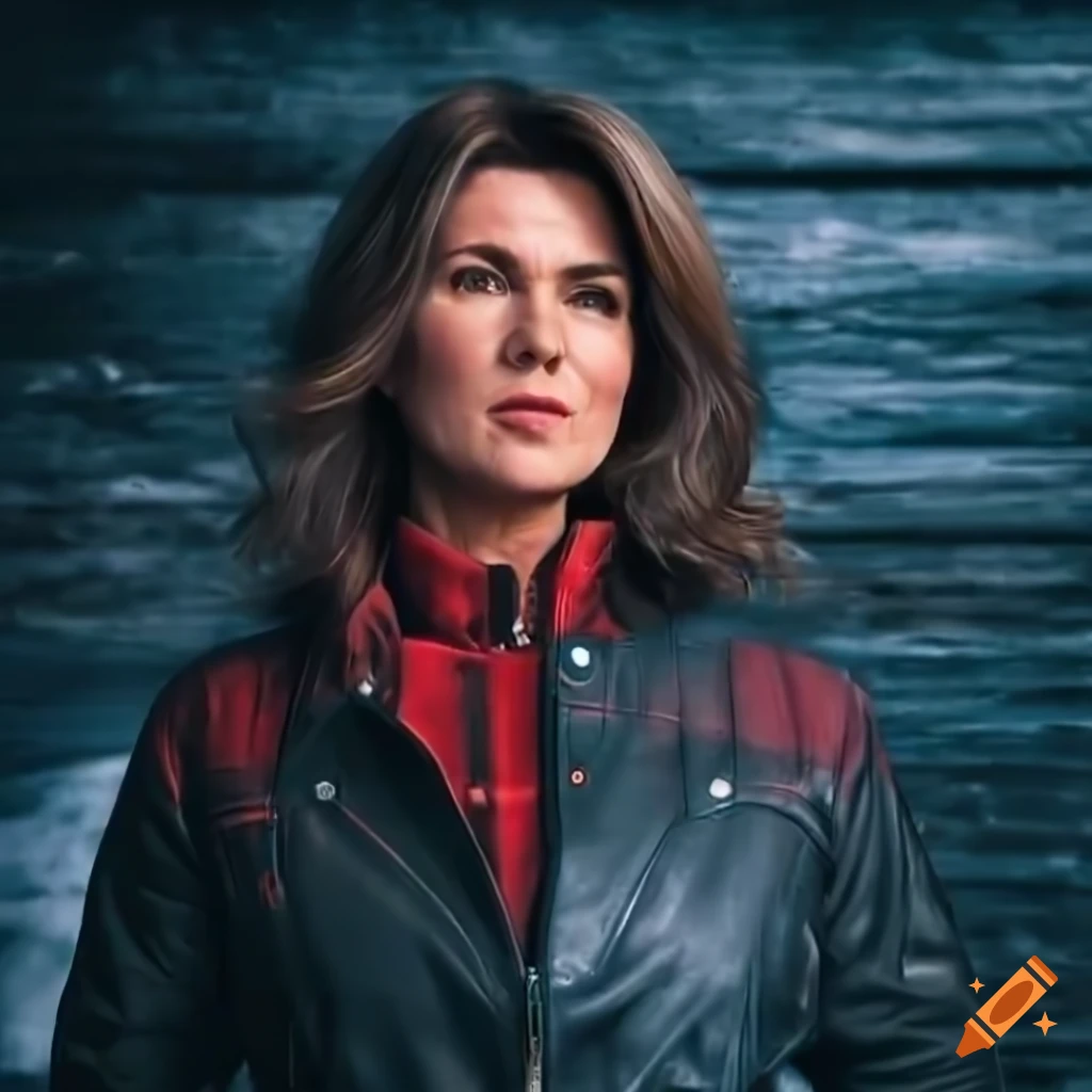 Young woman in red plaid shirt and black leather outfit standing on Craiyon