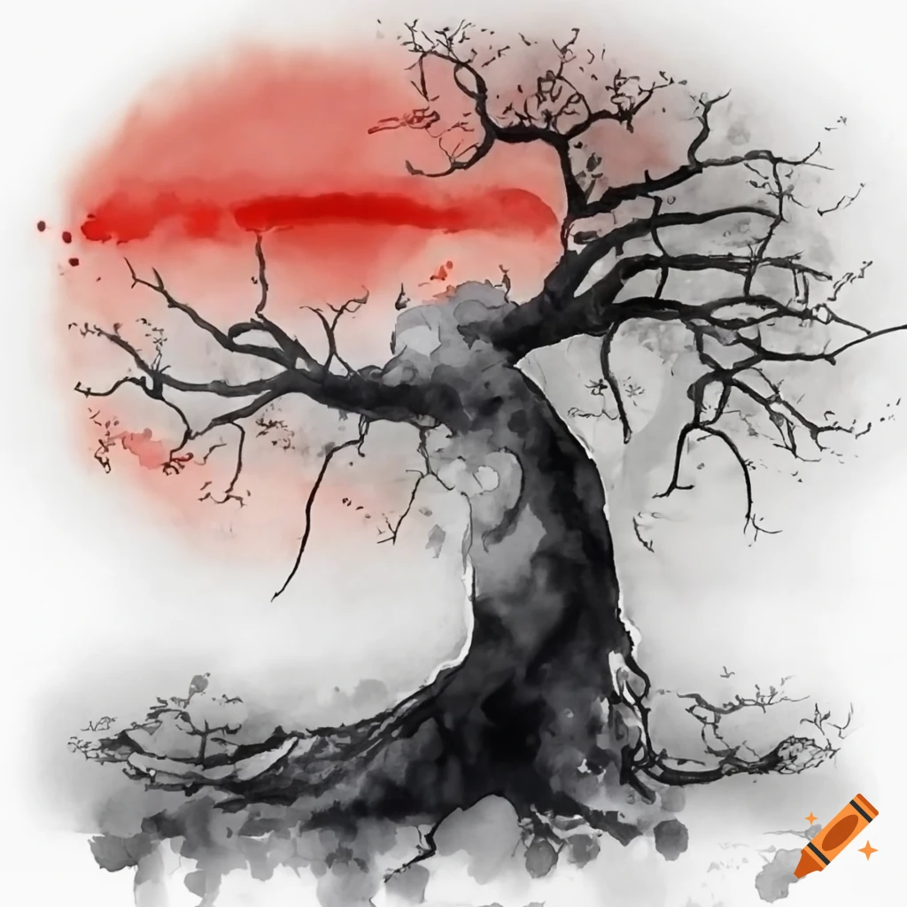 Ancient Japanese style tree with a red sun