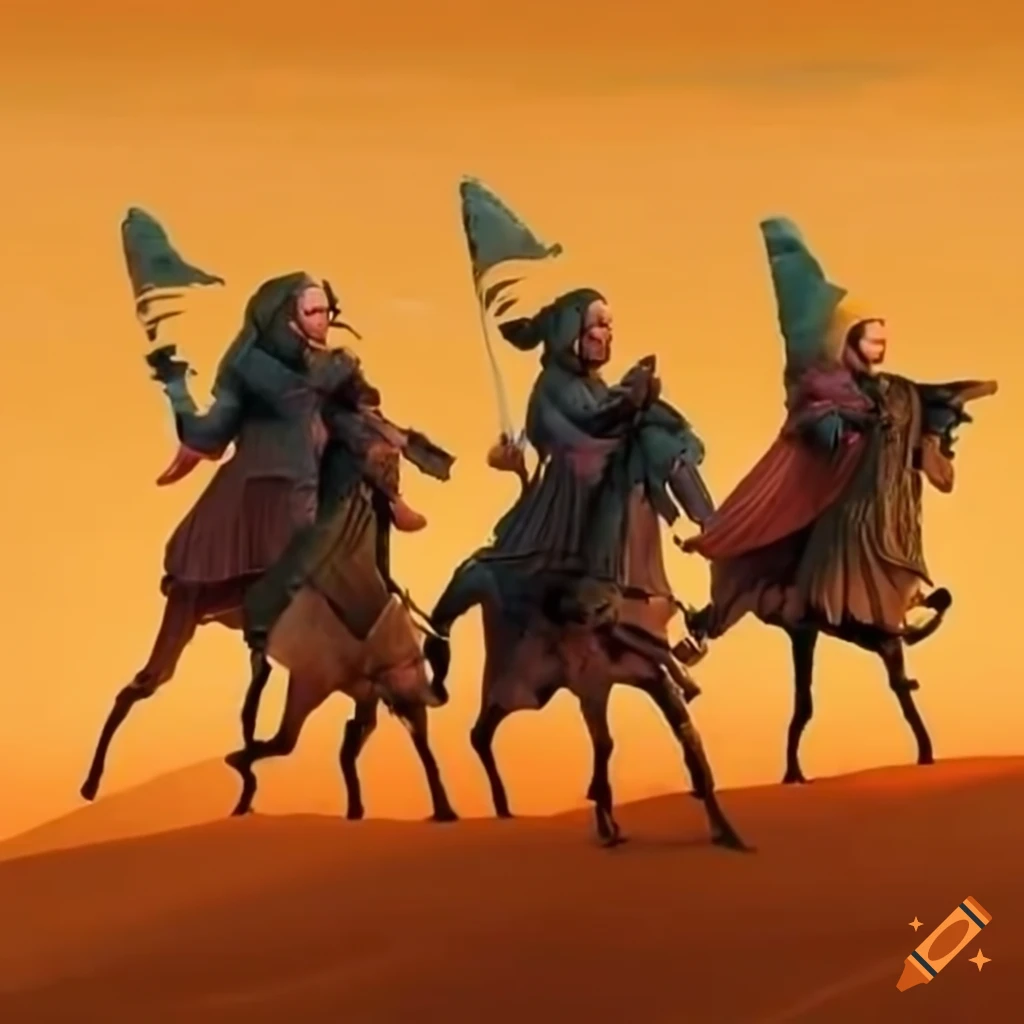 Illustration of multiple fighters on a big battlefield in the desert