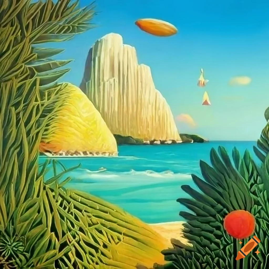 Fernando de Noronha archipelago in Eastern Brazil, summertime painting in Henri Rousseau style