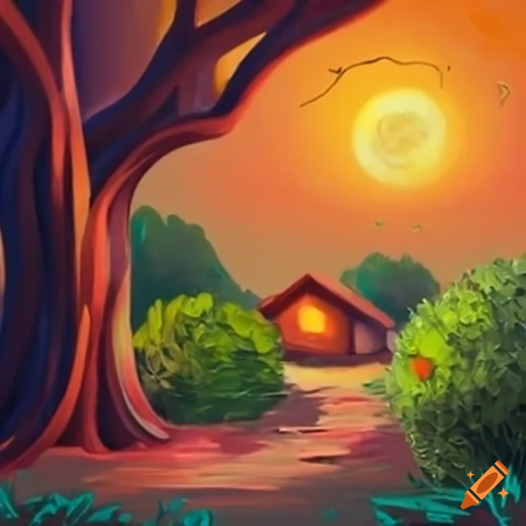 Village under an alien tree with fruit hanging from branches
