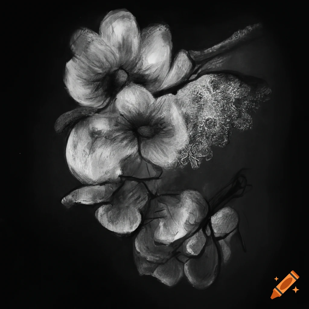 Blooming tree branch under the night sky in charcoal drawing