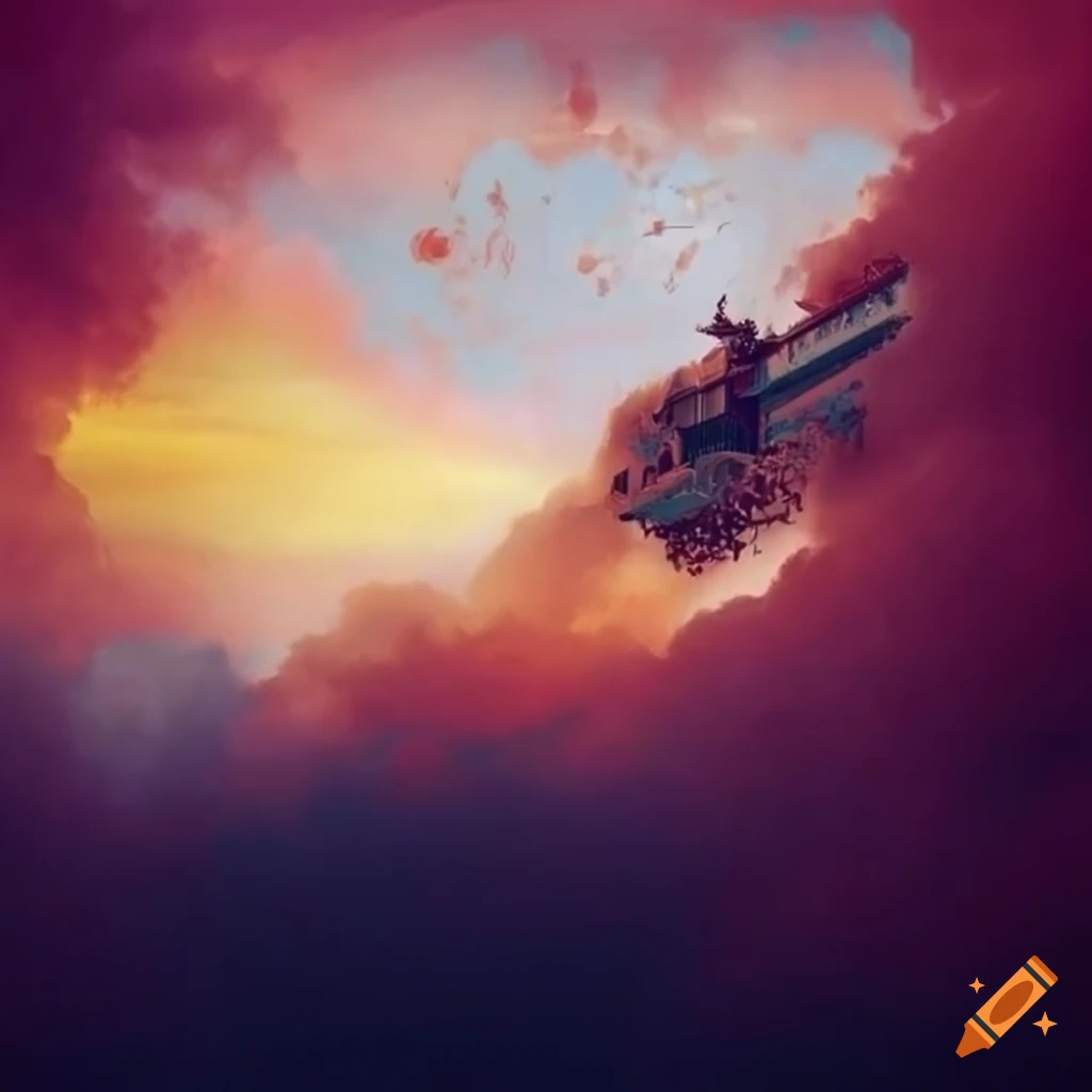 Flying train through colorful clouds in rococo style