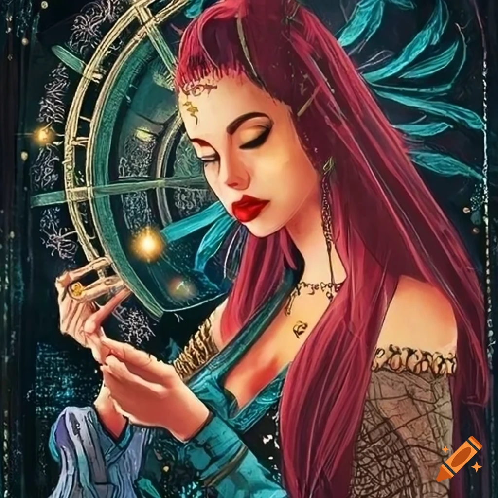 Female magician in a tarot card with solarpunk and brazilian influences
