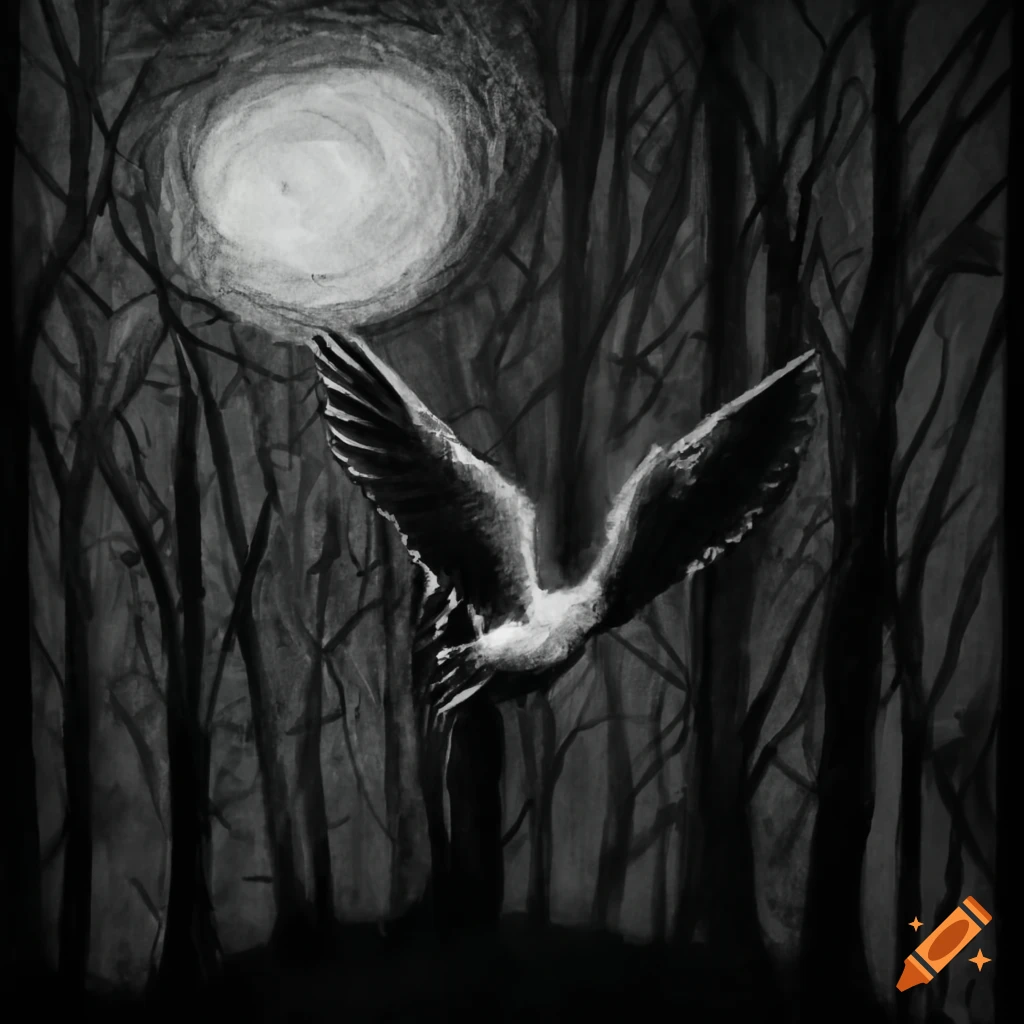Flying bird in a forest at night in charcoal