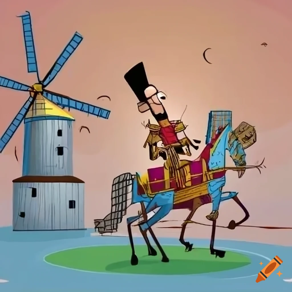 colorful-cartoon-of-don-quixote-battling-windmills-on-craiyon